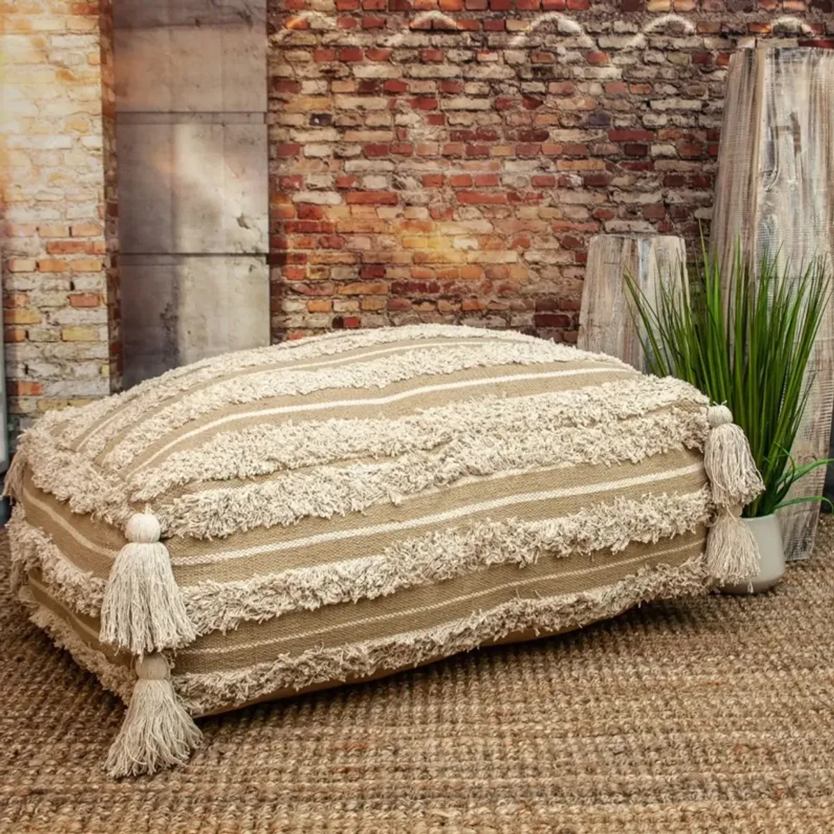 Fringe Striped Pouf - Camel