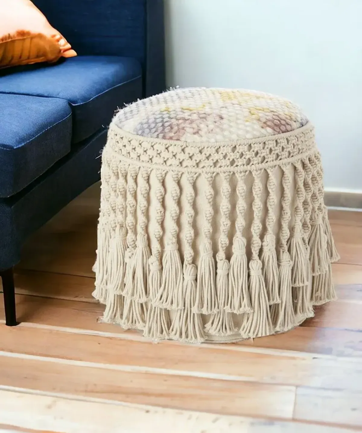 Cotton Round Abstract Pouf Ottoman - Ivory / Blue