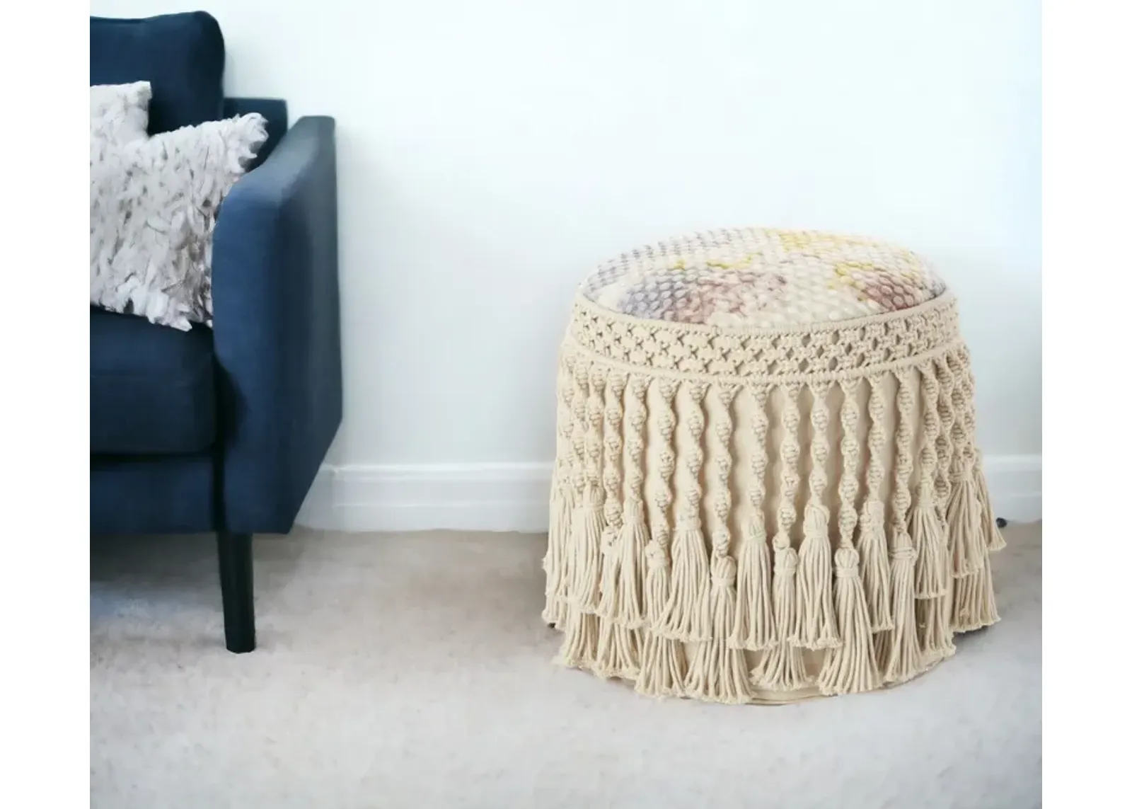 Cotton Round Abstract Pouf Ottoman - Ivory / Blue