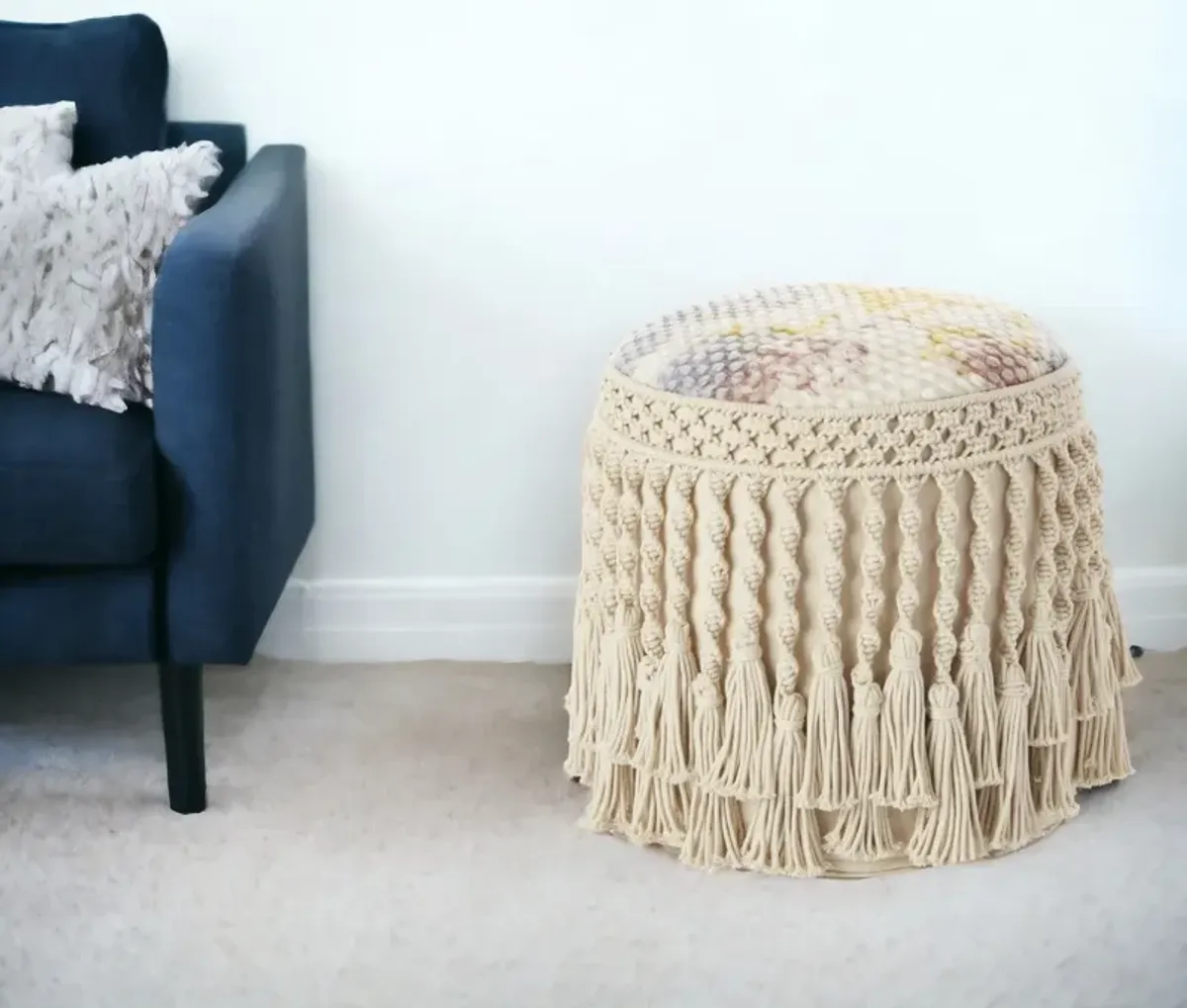 Cotton Round Abstract Pouf Ottoman - Ivory / Blue