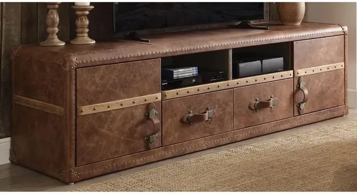 Leather Cabinet Enclosed Storage TV Stand - Brown