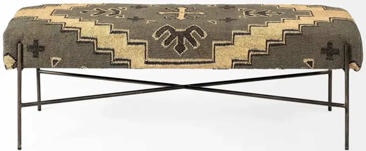 Upholstered Cotton Blend Abstract Bench - Green / Brown / Black