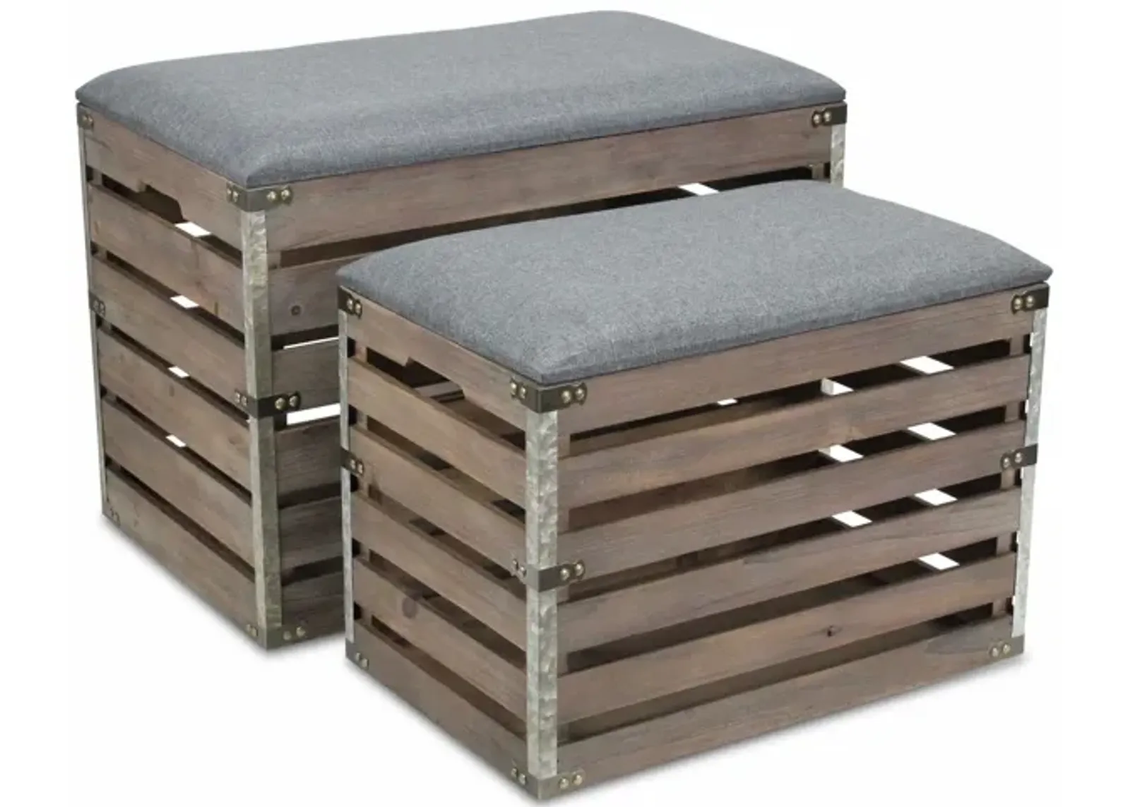 Set Of 2 Rectangular Linen Fabric And Wood Slats Storage Benches - Gray