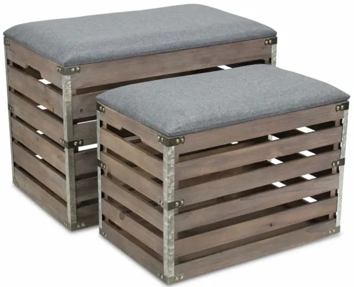 Set Of 2 Rectangular Linen Fabric And Wood Slats Storage Benches - Gray