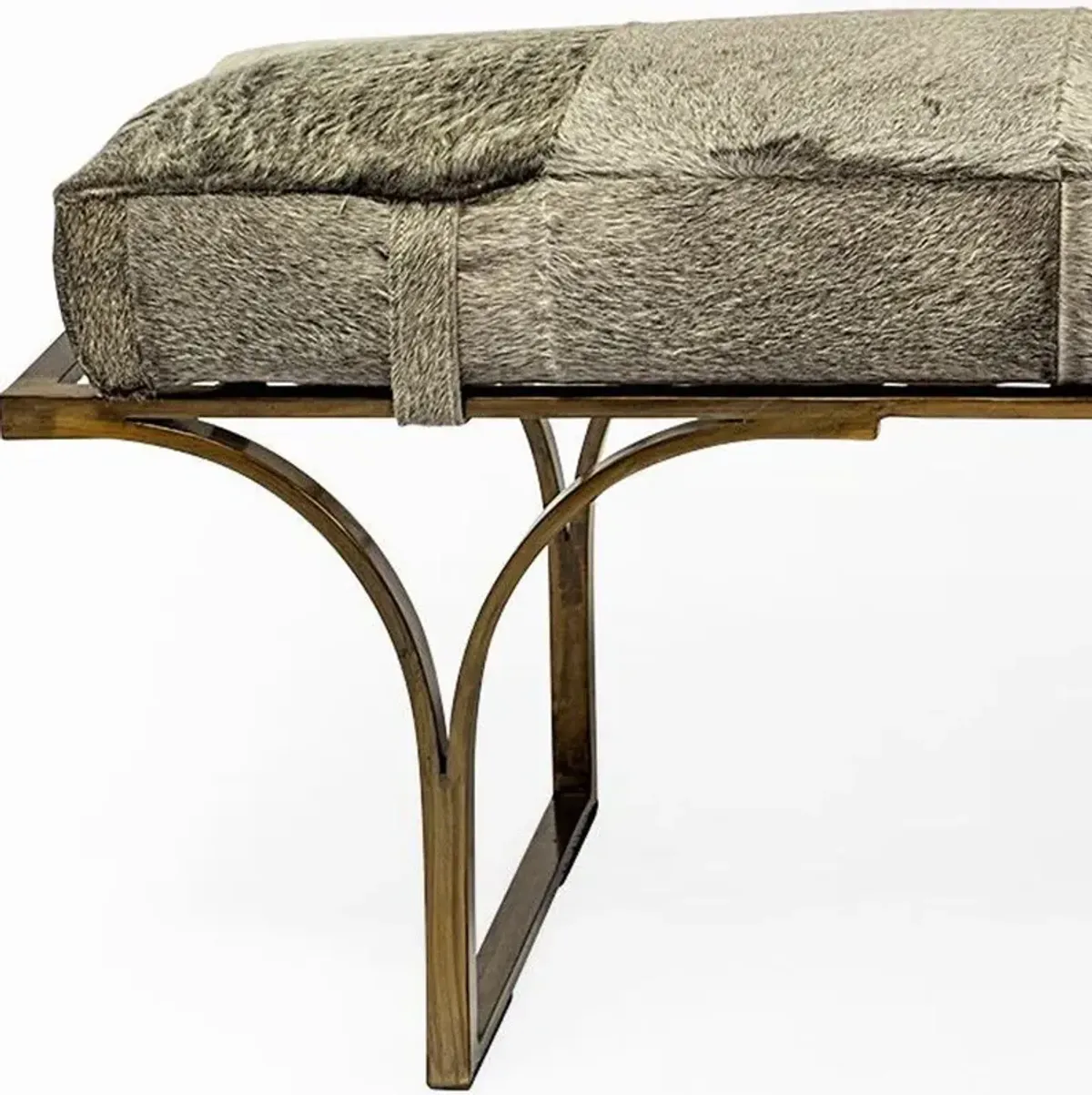 Upholstered Faux Fur Bench - Gray / Antiqued Brass