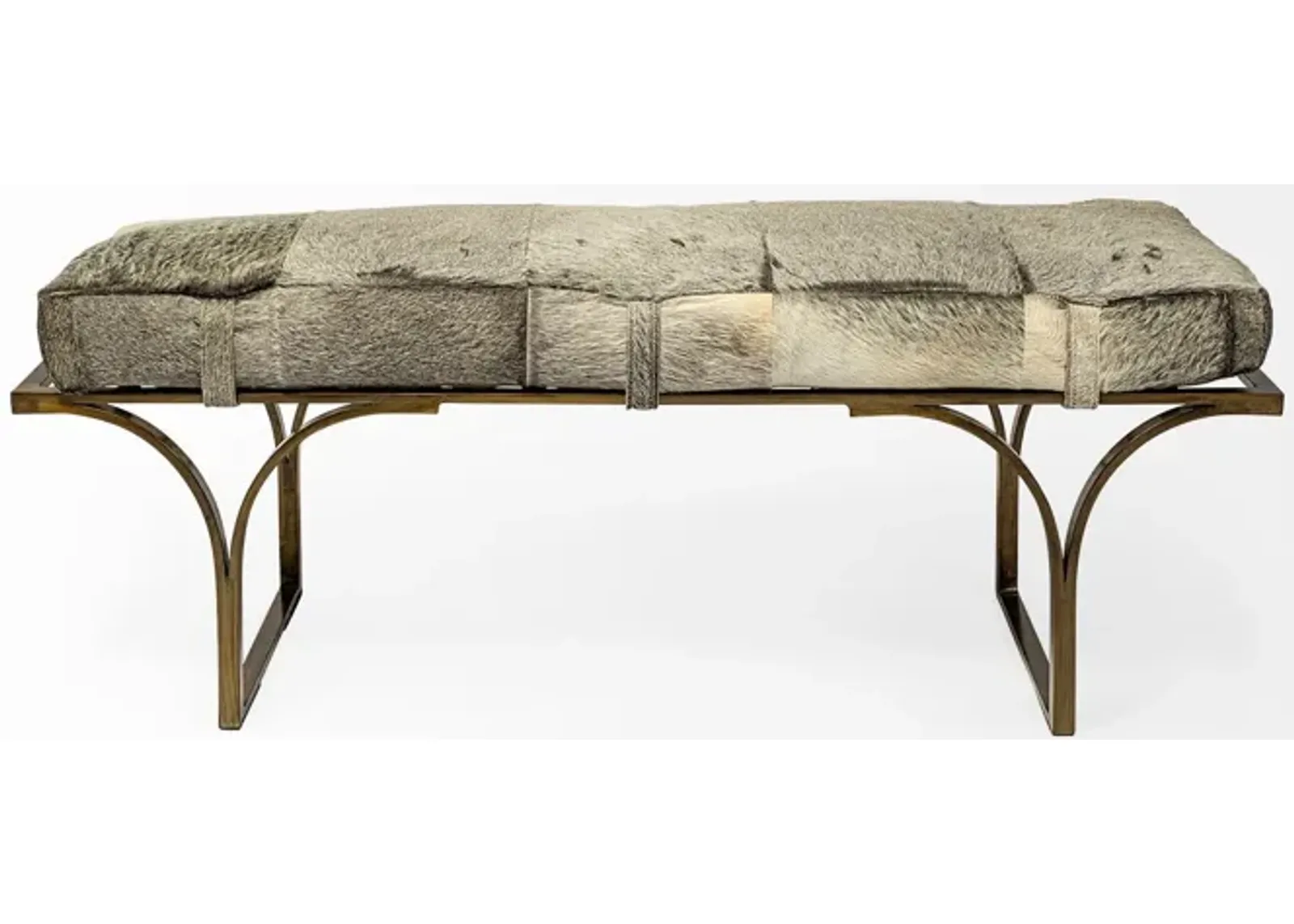 Upholstered Faux Fur Bench - Gray / Antiqued Brass