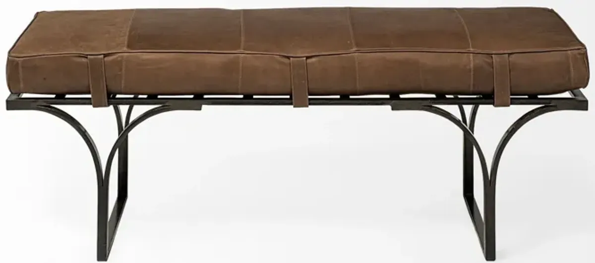 Upholstered Genuine Leather Bench - Brown / Black