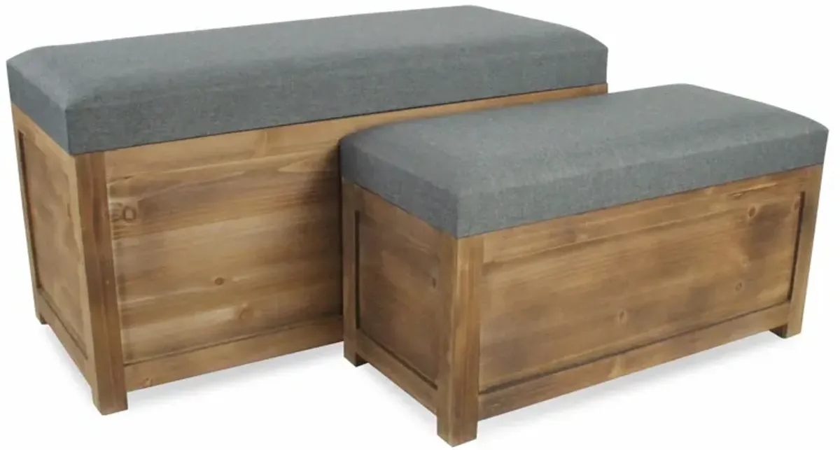 Set Of 2 Rectangular Linen Fabric And Wood Storage Benches - Gray