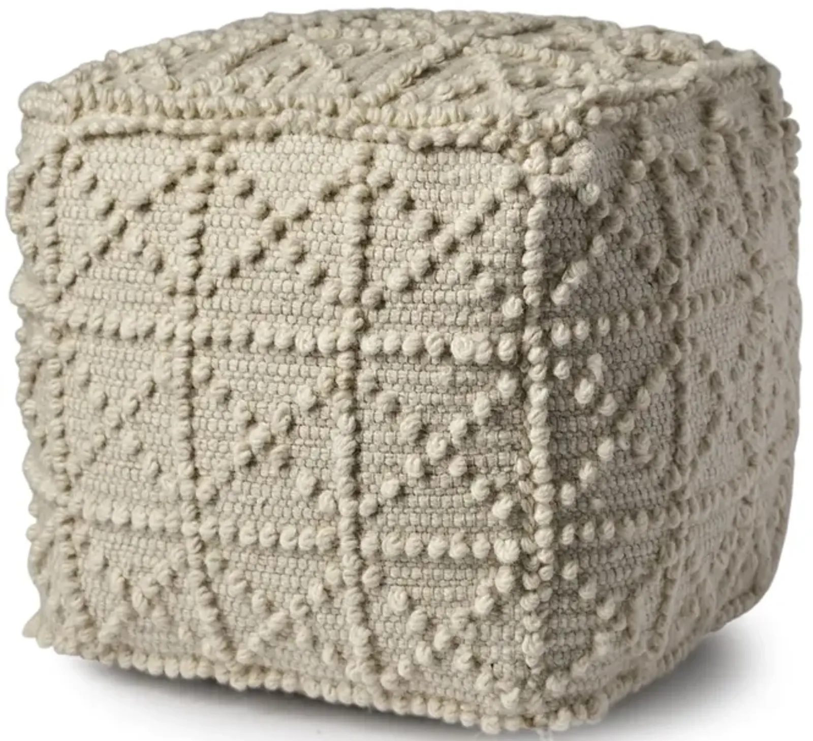 Wool Sqaure Pouf With Popcorn Detail - Ivory