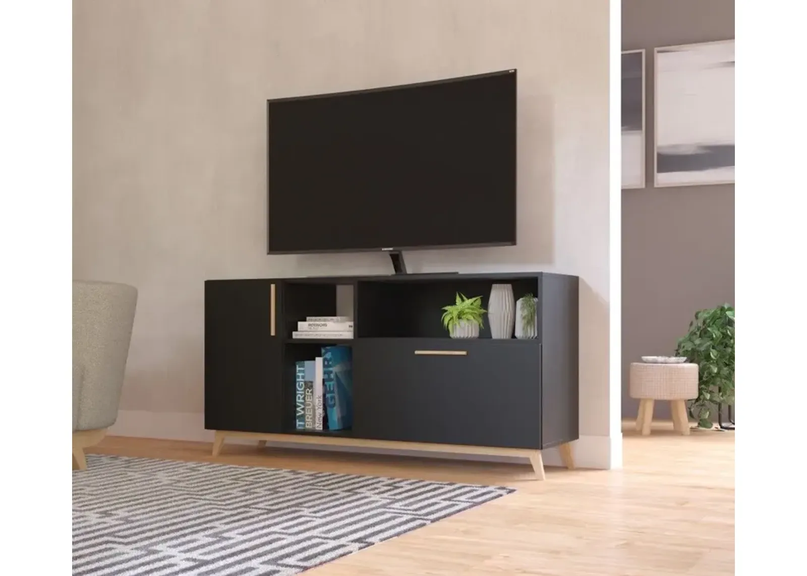 Modern Asymmetrical TV Stand - Black / Natural