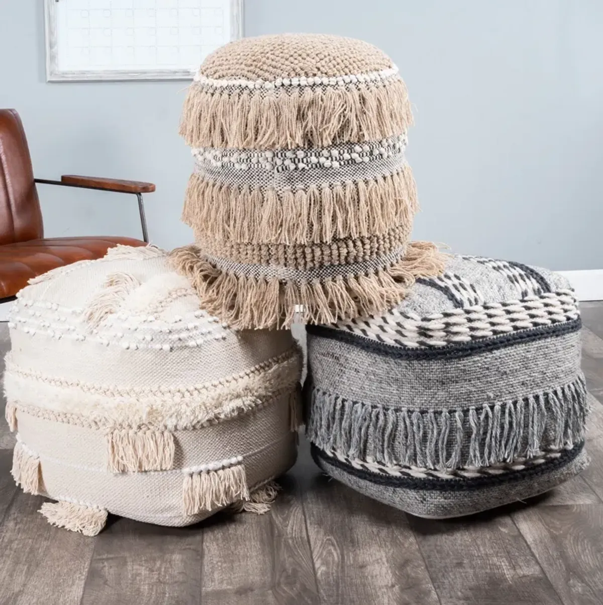 Round Pouf Ottoman - Beige