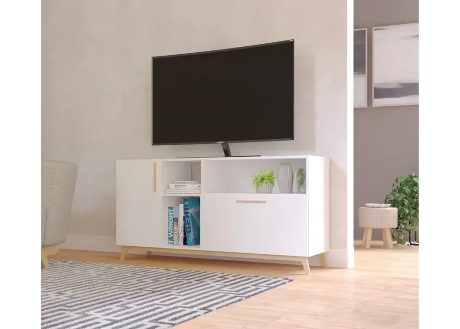 Modern Asymmetrical TV Stand - White / Natural