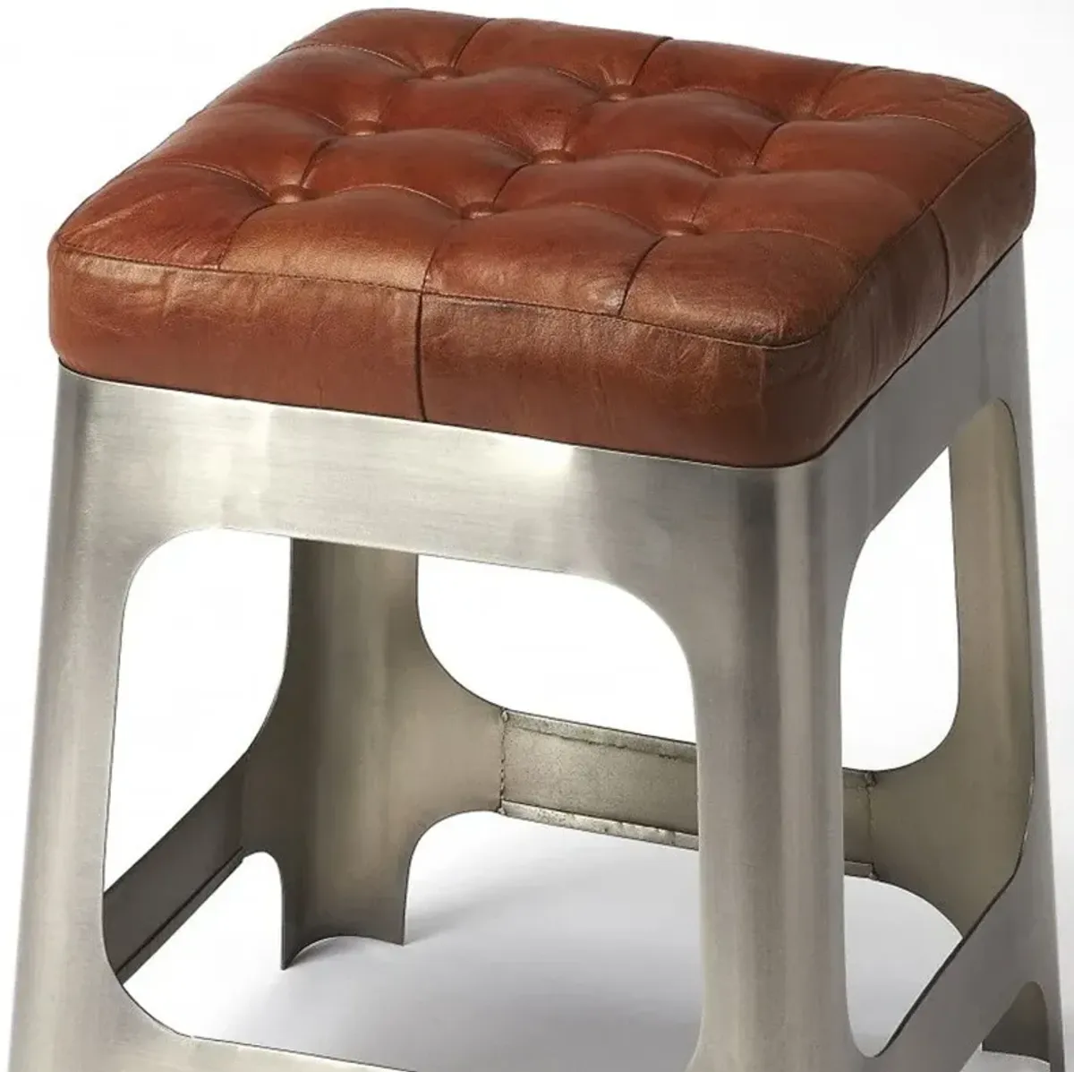 Leather And Iron Backless Bar Chair - Brown / Silver