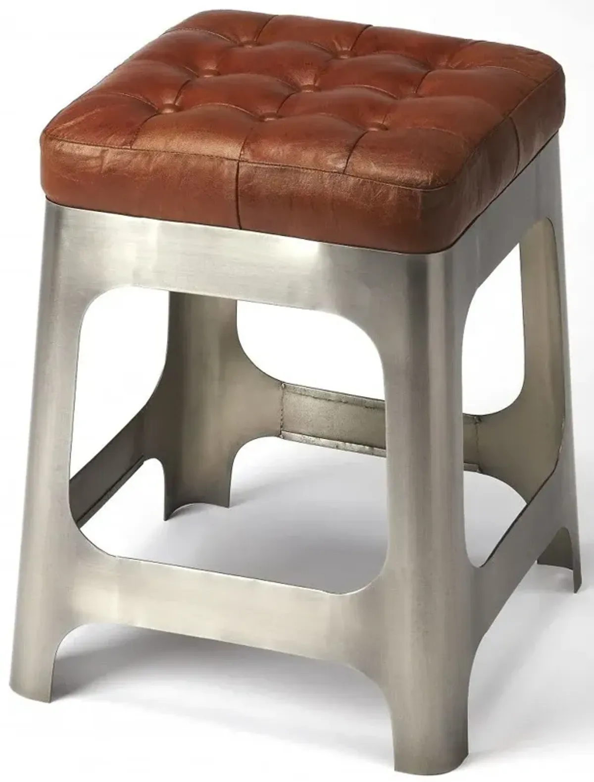 Leather And Iron Backless Bar Chair - Brown / Silver