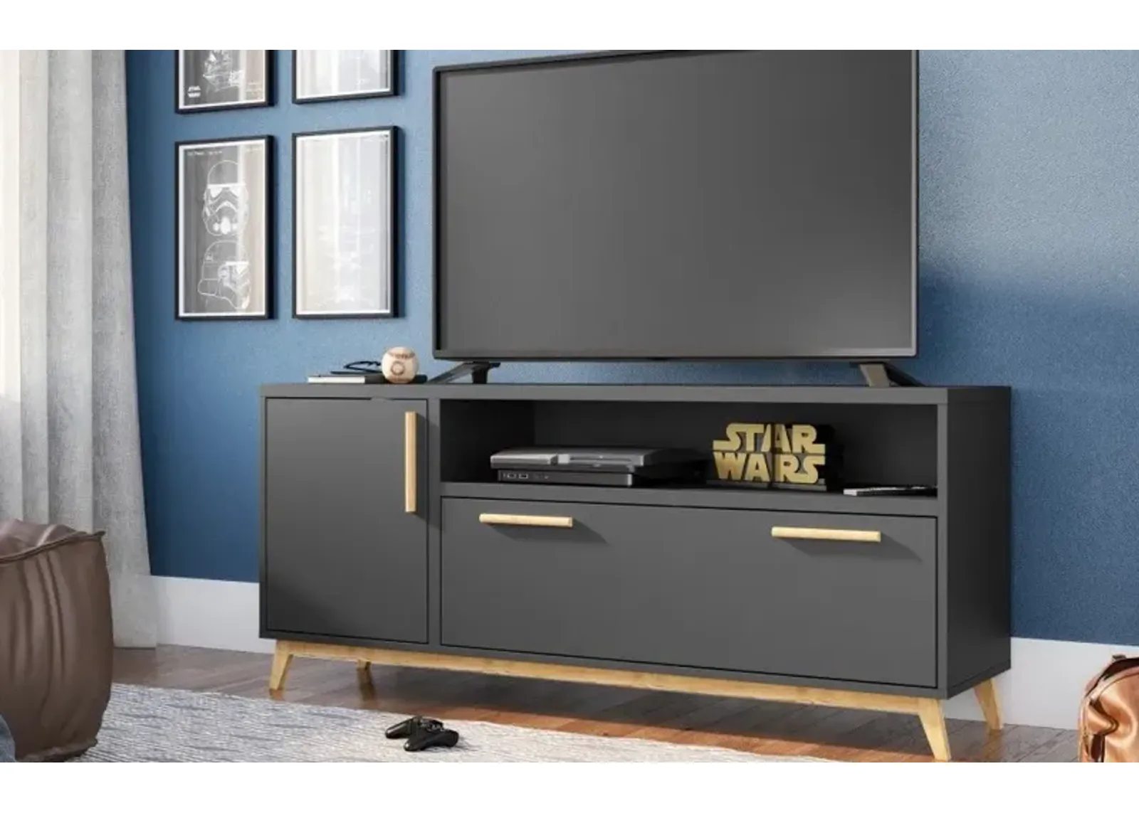 Modern Long Door TV Stand - Black / Natural