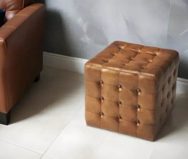 Tufted Leather Vintage Style Cube Ottoman - Brown