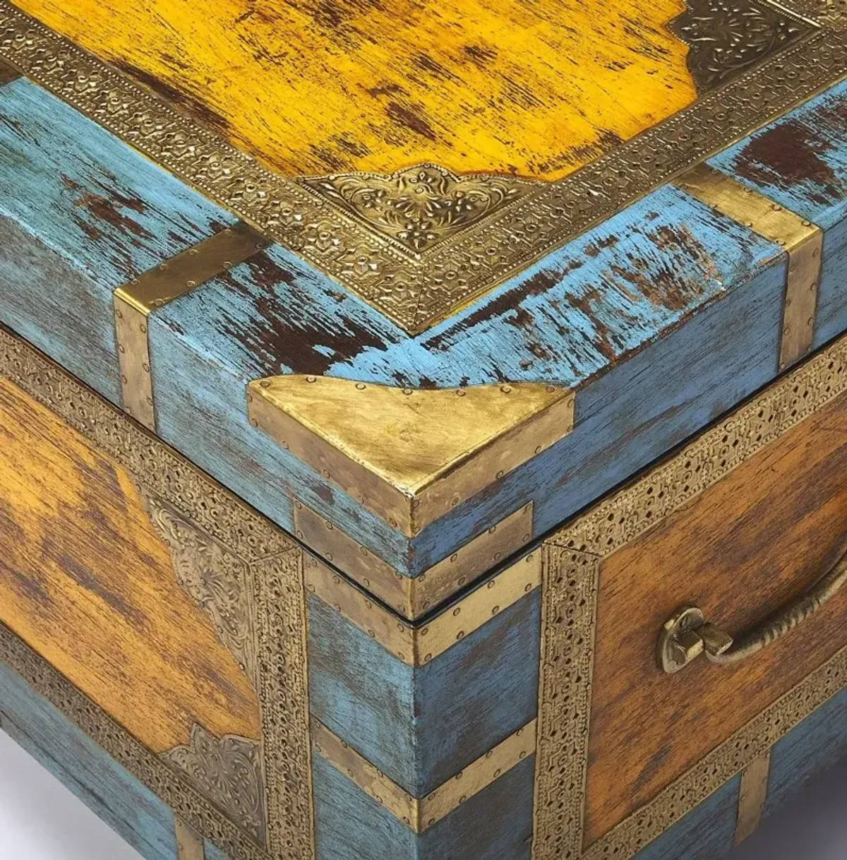 Hand Painted Brass Inlay Solid Wood Storage Trunk - Light Brown