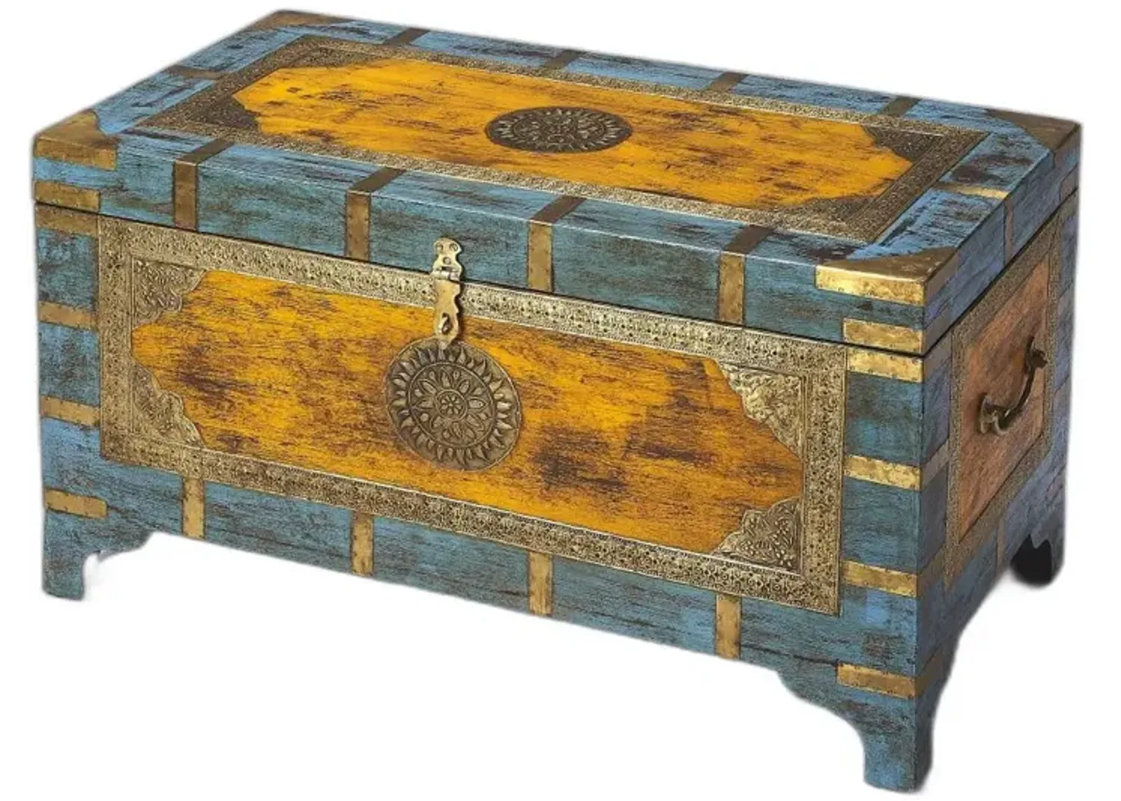 Hand Painted Brass Inlay Solid Wood Storage Trunk - Light Brown