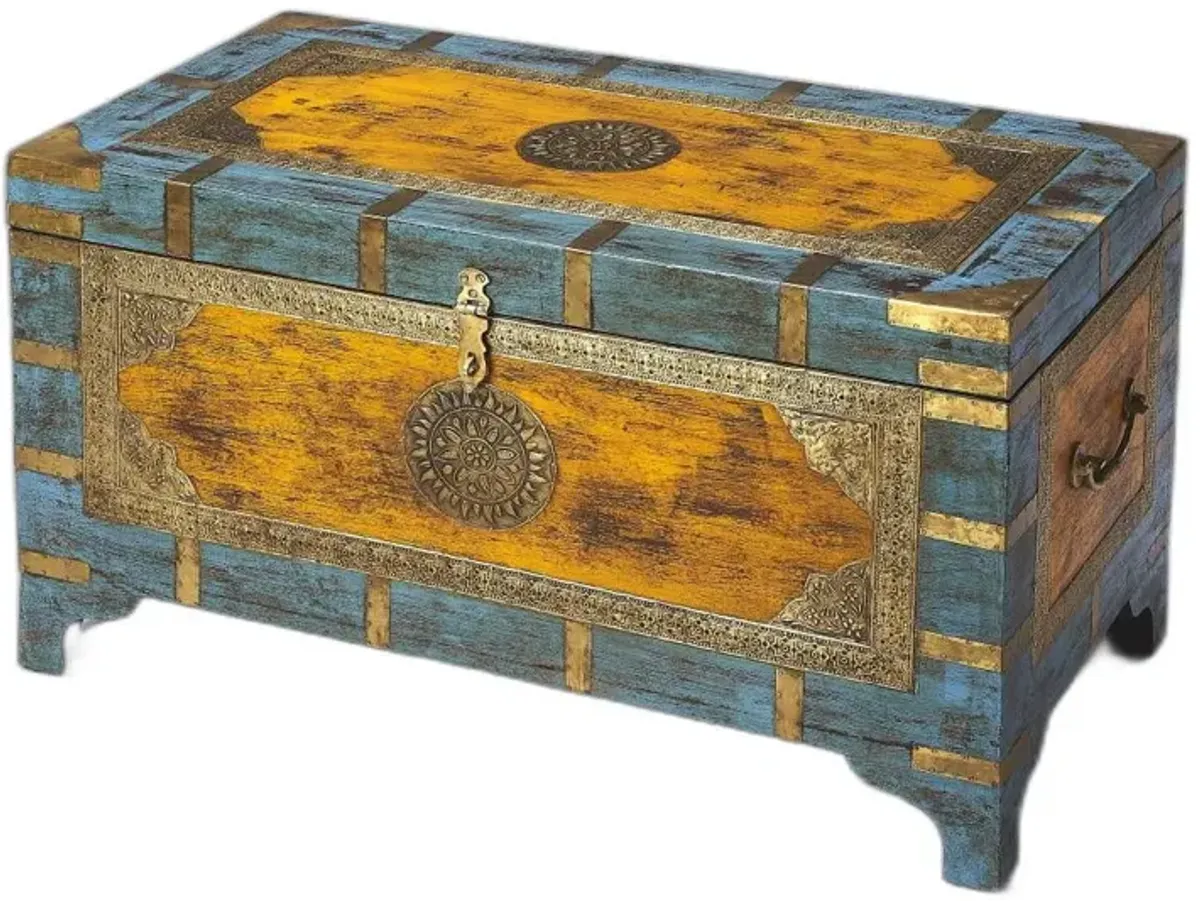 Hand Painted Brass Inlay Solid Wood Storage Trunk - Light Brown