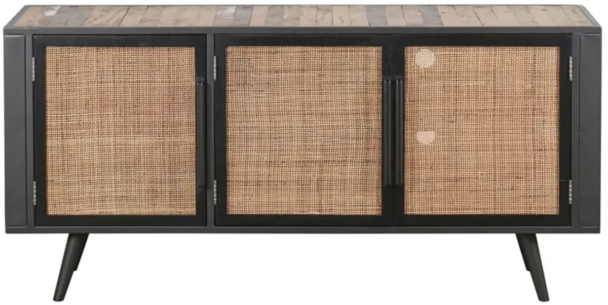 Rustic And Rattan Media Cabinet With Three Doors - Black Natural