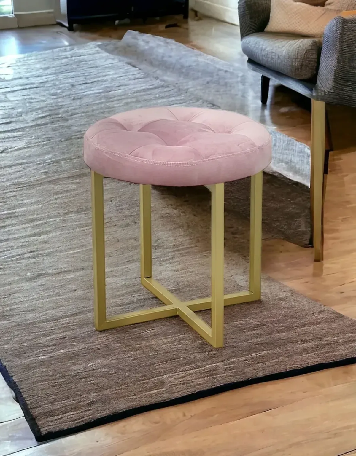 Tufted Velvet Stool - Pink / Gold