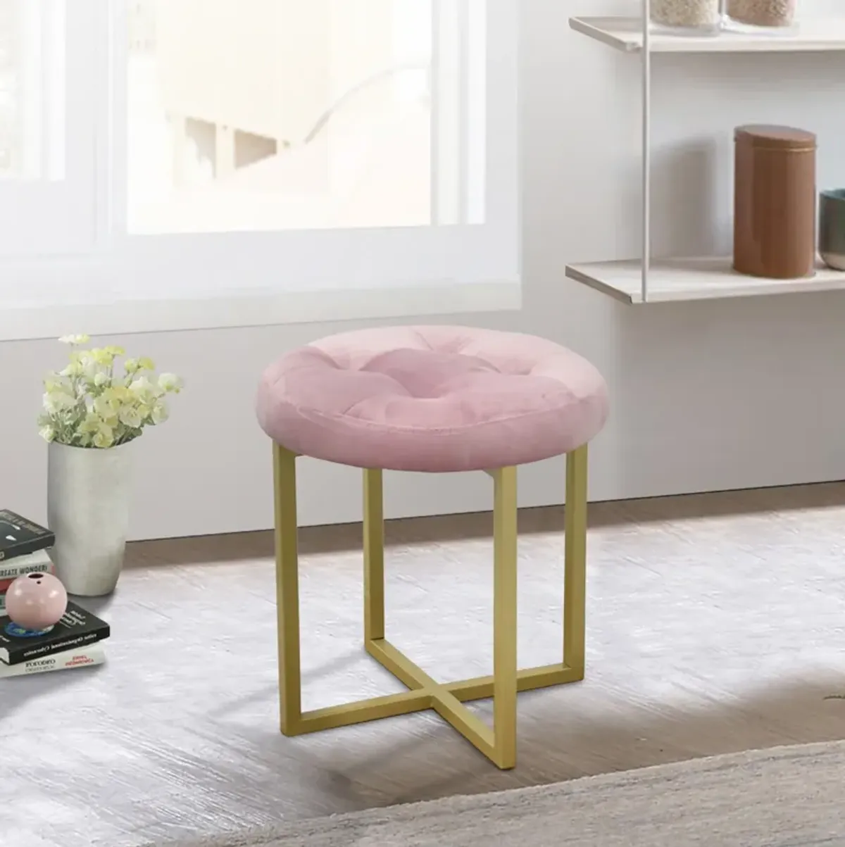 Tufted Velvet Stool - Pink / Gold