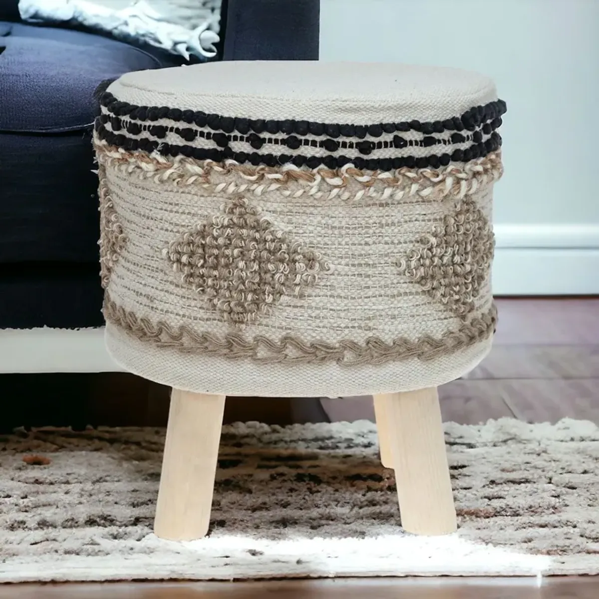 Jute Round Abstract Ottoman - Beige / Brown