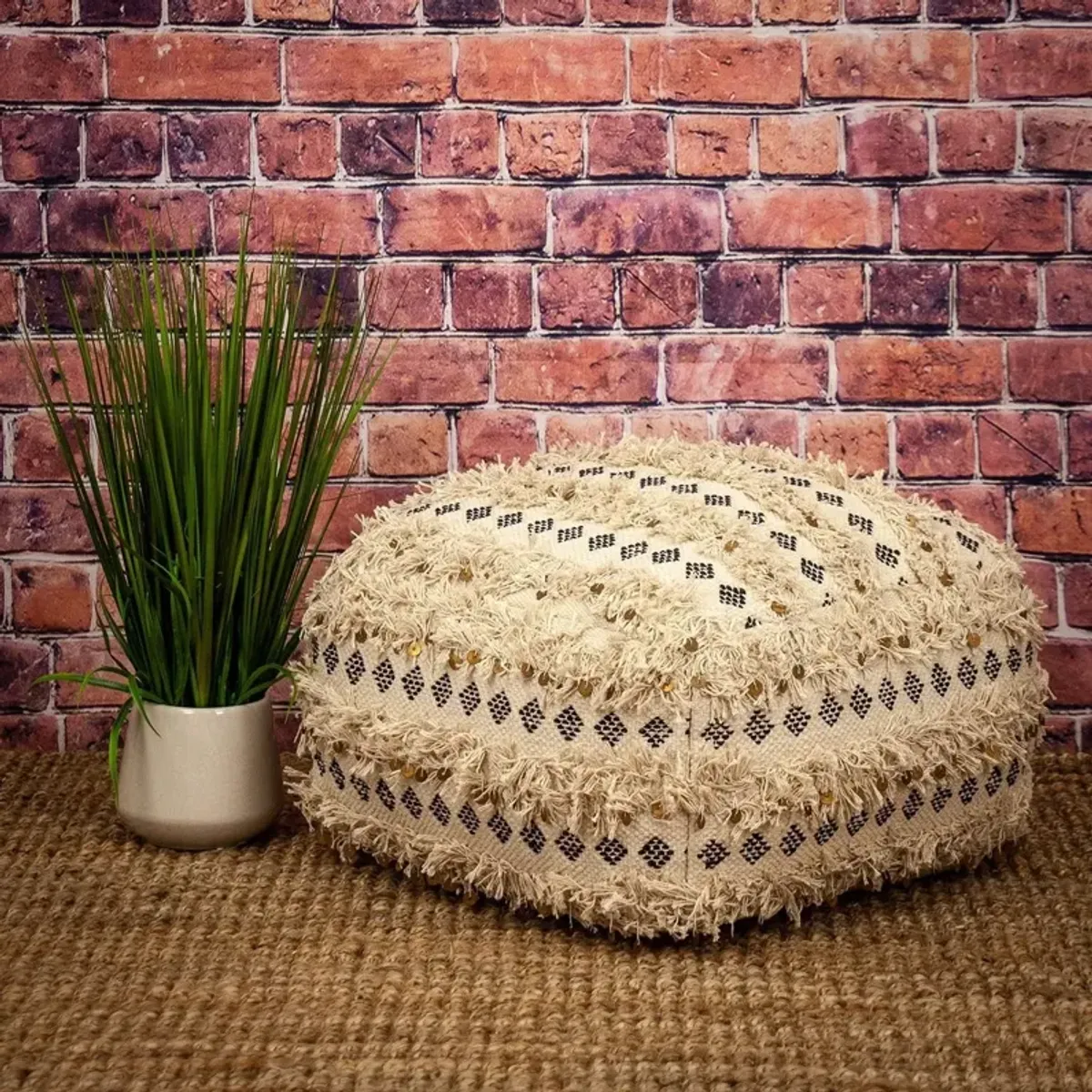 Cotton Blend Abstract Pouf Ottoman - Beige