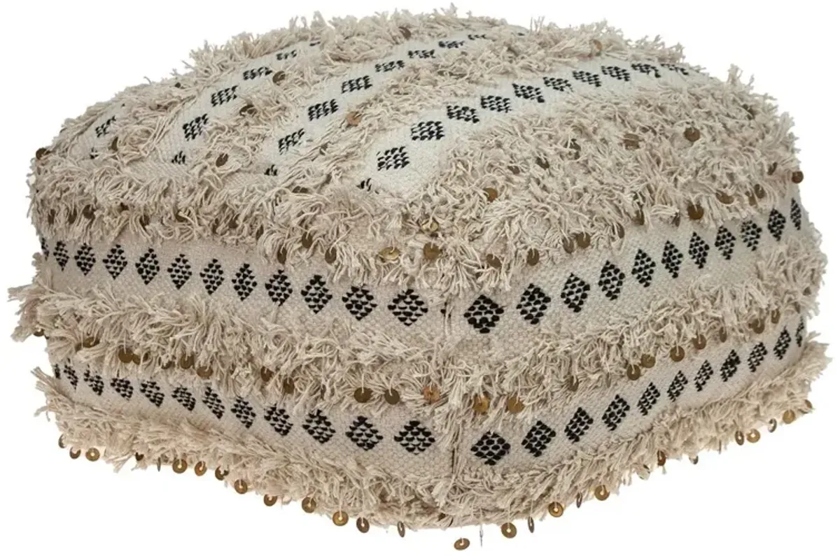 Cotton Blend Abstract Pouf Ottoman - Beige