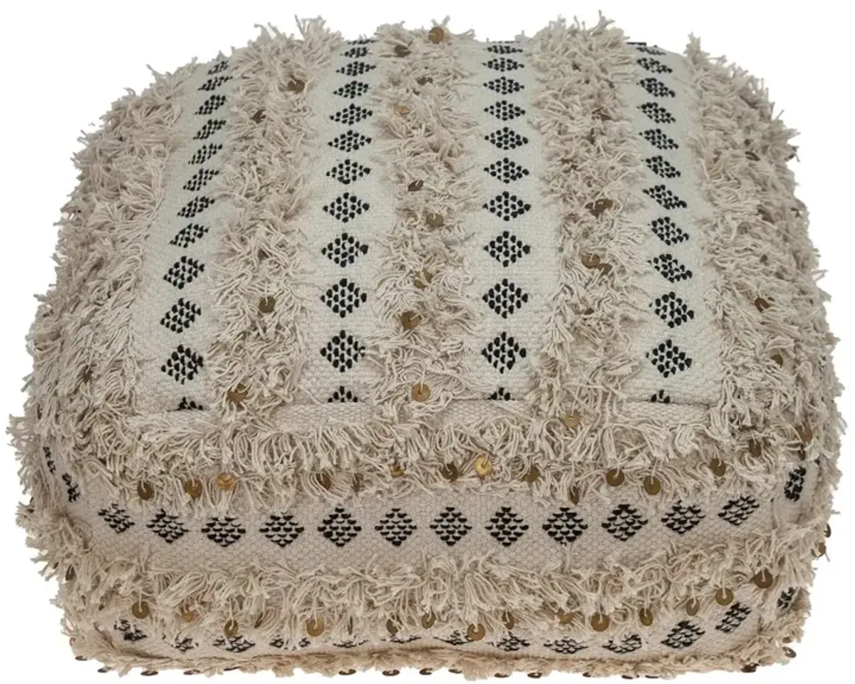 Cotton Blend Abstract Pouf Ottoman - Beige