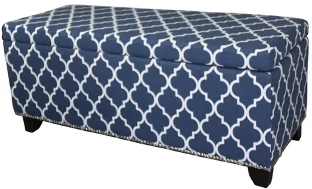 Brown Upholstered Polyester Quatrefoil Bench With Flip Top - Blue / White / Dark