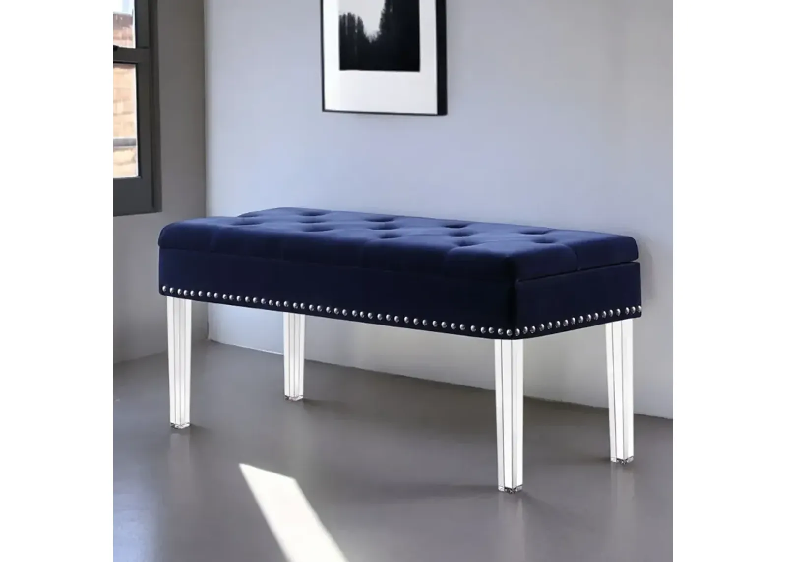 Velvet Acrylic Storage Bench - Navy Blue / Clear