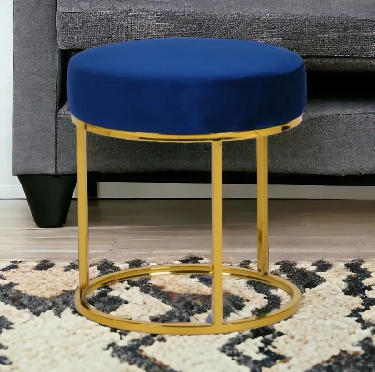 Velvet Round Footstool Ottoman - Blue / Gold