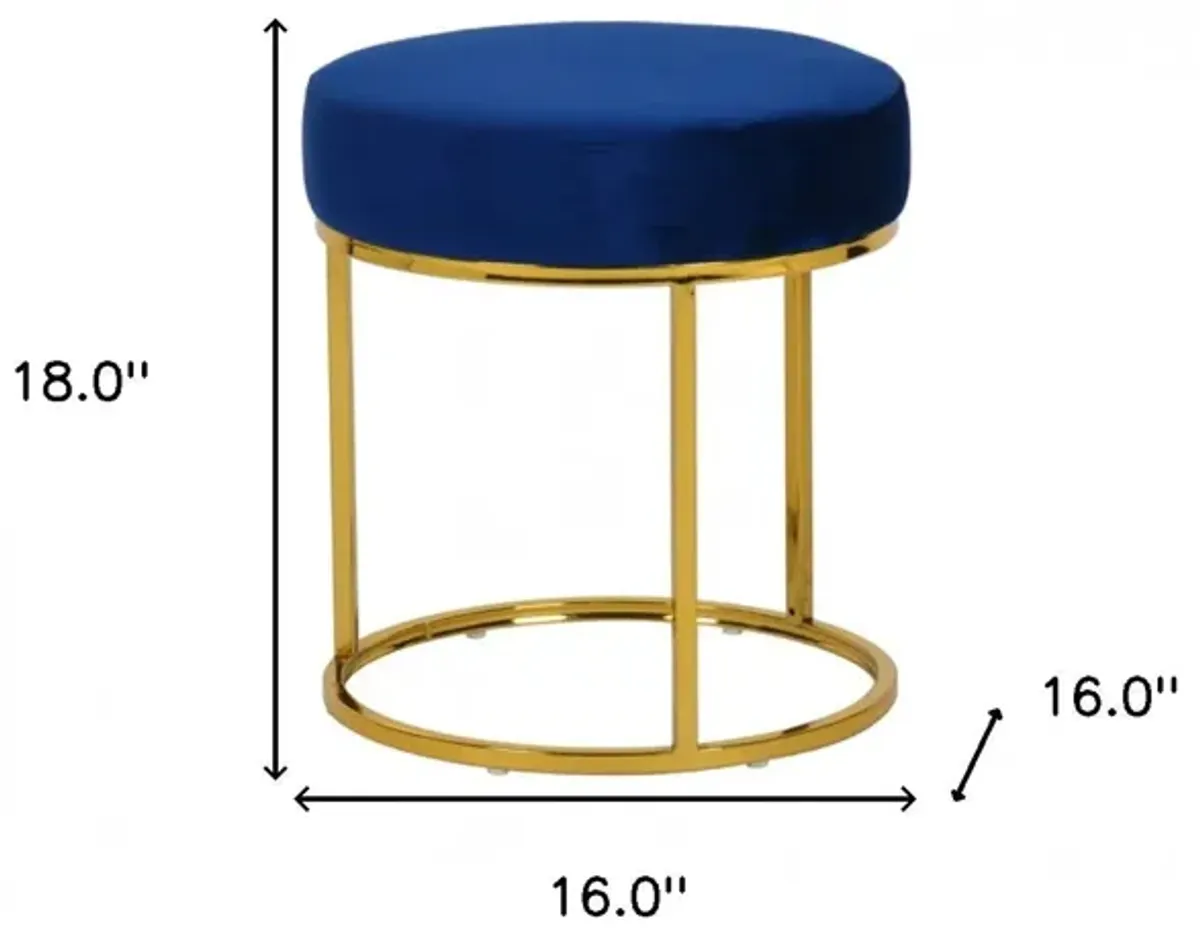 Velvet Round Footstool Ottoman - Blue / Gold