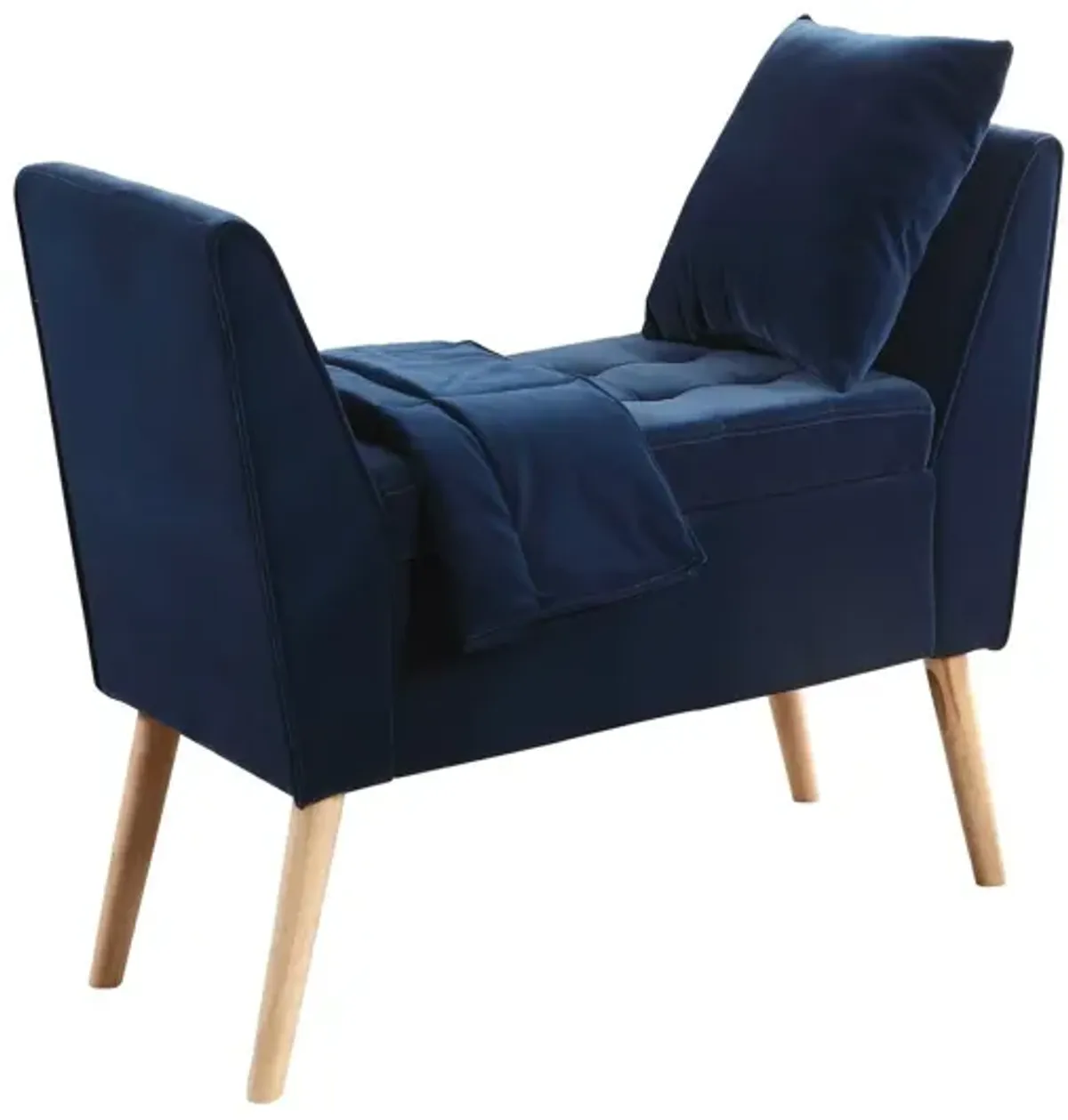 Upholstered Microsuede Bench With Flip Top - Navy Blue / Natural