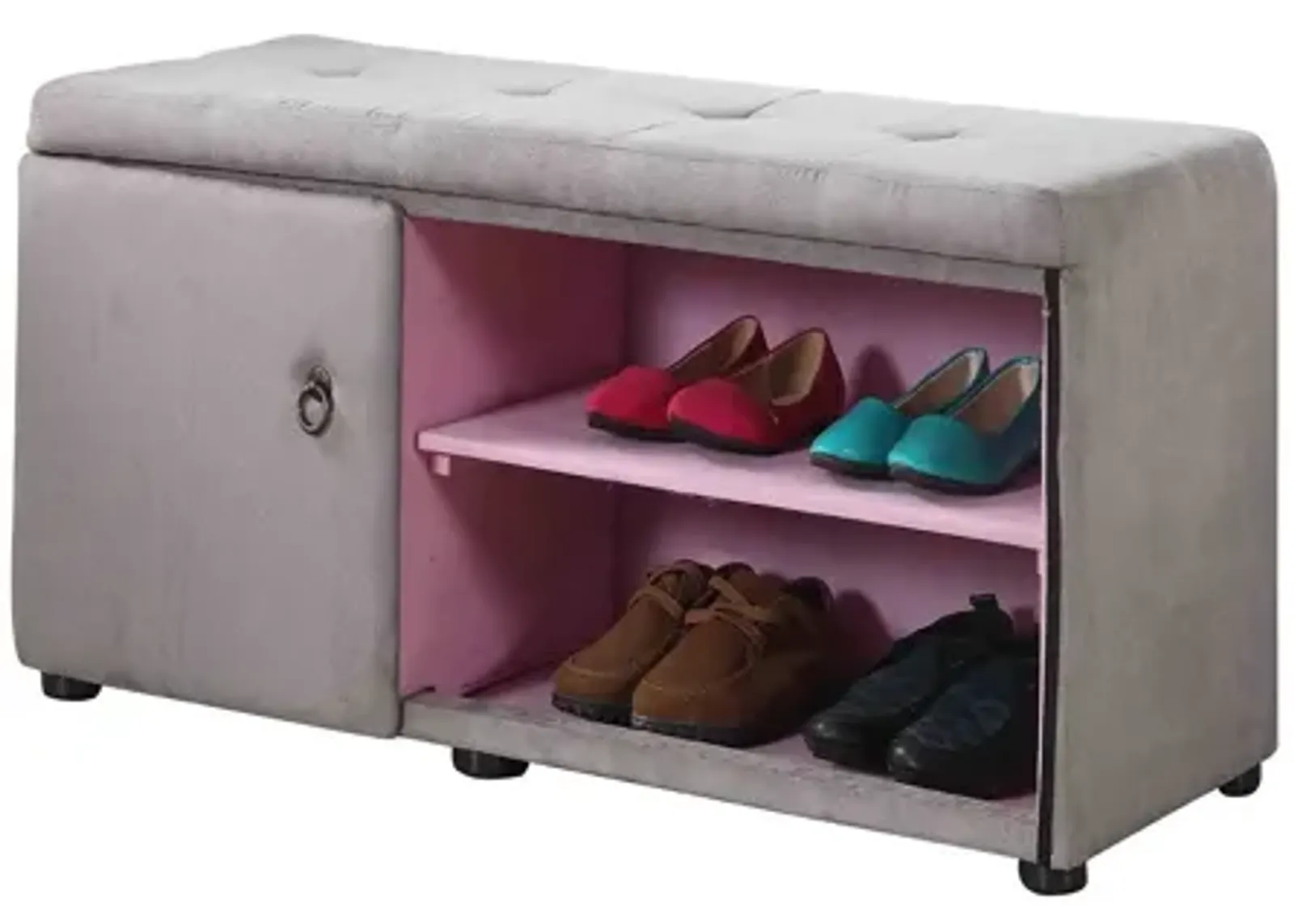 Tufted Shoe Storage Bench - Light Gray / Pink