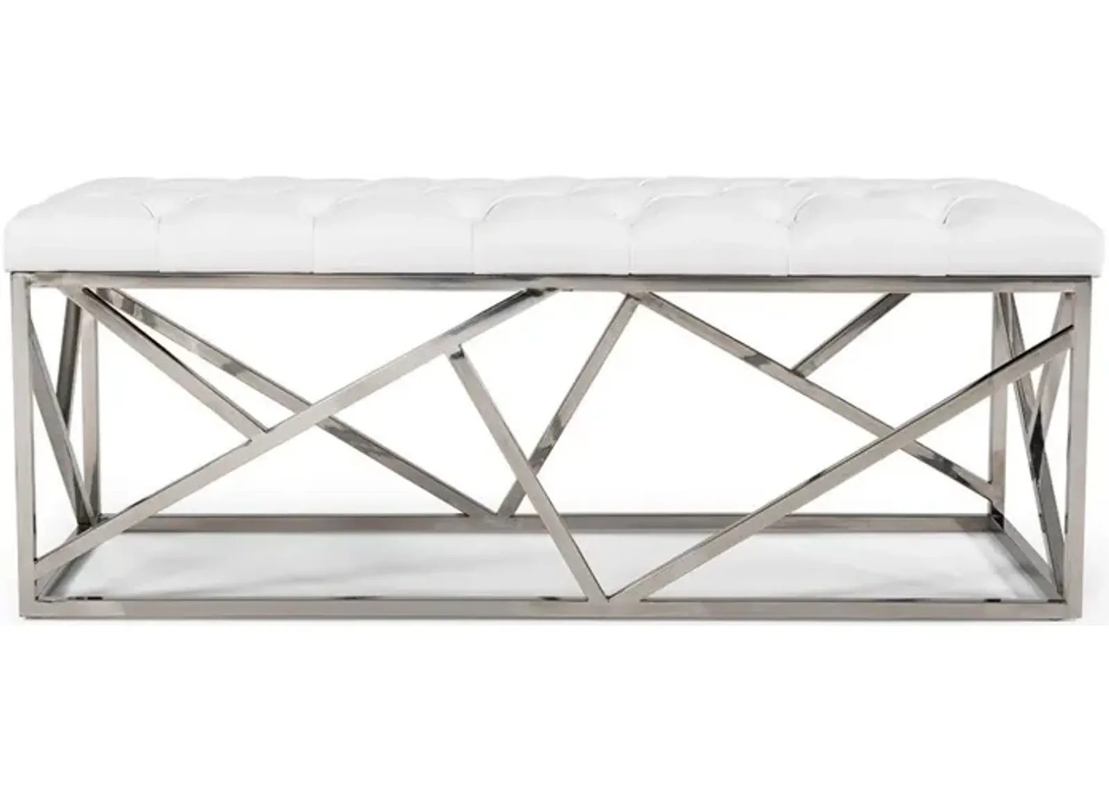 Faux Leather Bench Upholstered - White / Silver