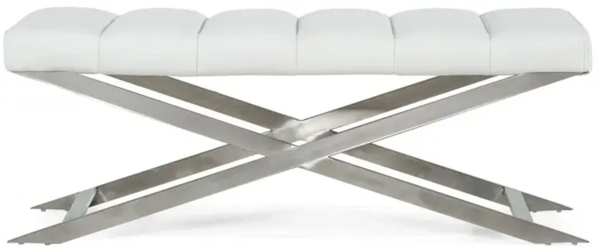 Upholstered Faux Leather Dining Bench - White / Silver