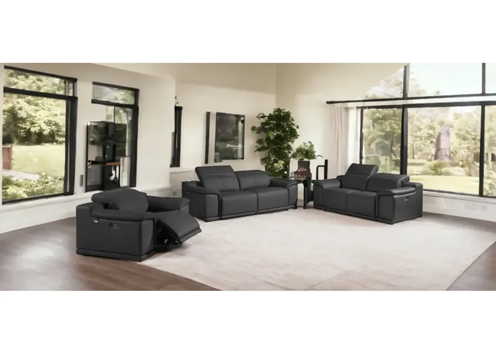 Three Piece Six Person Seating Set Indoor Italian Leather - Dark Gray