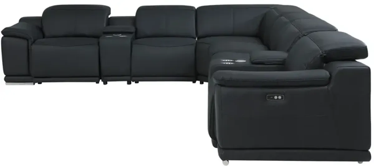 Italian Leather Power Reclining U Shaped Eight Piece Corner Sectional With Console - Black