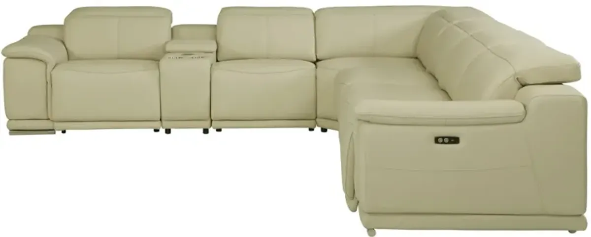 Italian Leather Power Reclining U Shaped Seven Piece Corner Sectional With Console - Beige