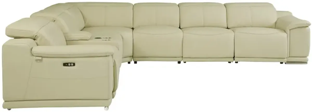 Italian Leather Power Reclining U Shaped Seven Piece Corner Sectional With Console - Beige