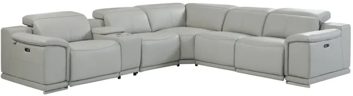 Italian Leather Power Reclining U Shaped Six Piece Corner Sectional With Console - Light Gray
