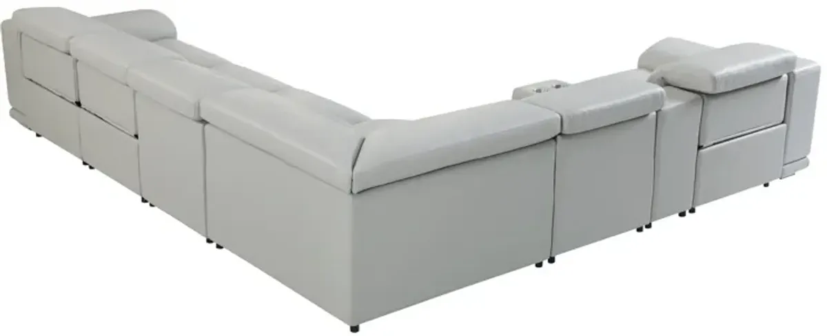 Italian Leather Power Reclining, U Shaped Seven Piece Corner Sectional With Console - Light Gray