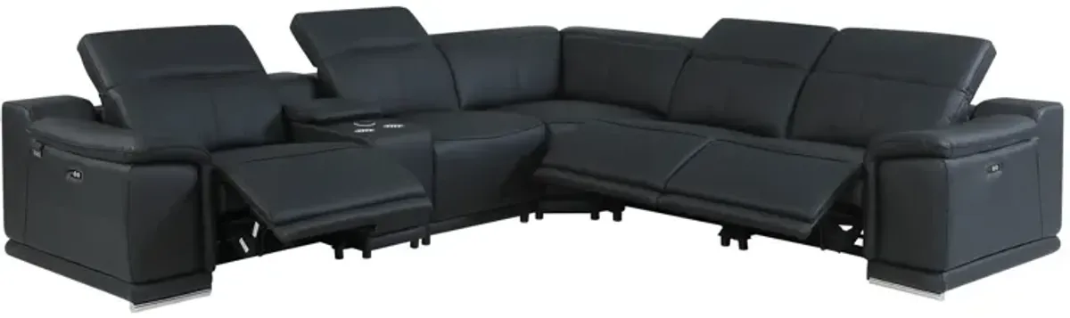 Italian Leather Power Reclining U Shaped Six Piece Corner Sectional With Console - Black