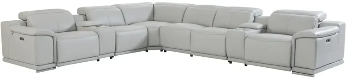 Italian Leather Power Reclining U Shaped Eight Piece Corner Sectional With Console - Light Gray