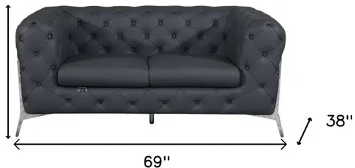 Italian Leather Loveseat - Gray / Silver