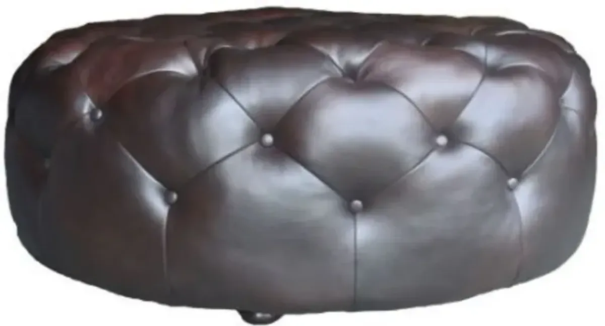 Genuine Leather And Dark Brown Tufted Round Ottoman - Brown