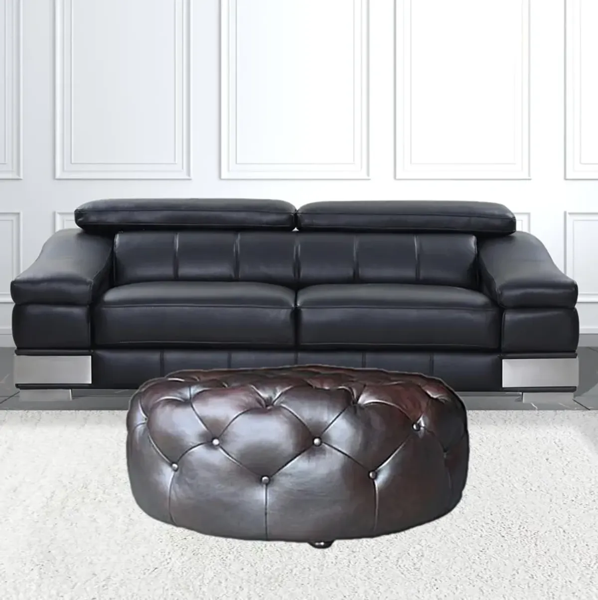 Genuine Leather And Dark Brown Tufted Round Ottoman - Brown