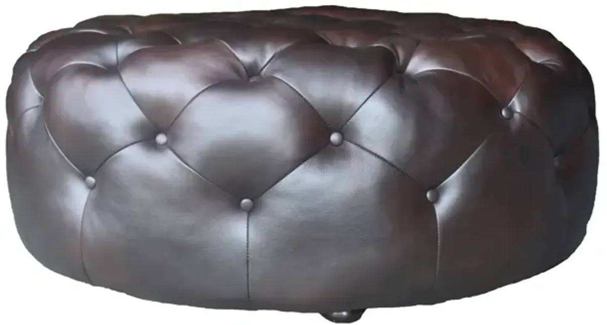 Genuine Leather And Dark Brown Tufted Round Ottoman - Brown